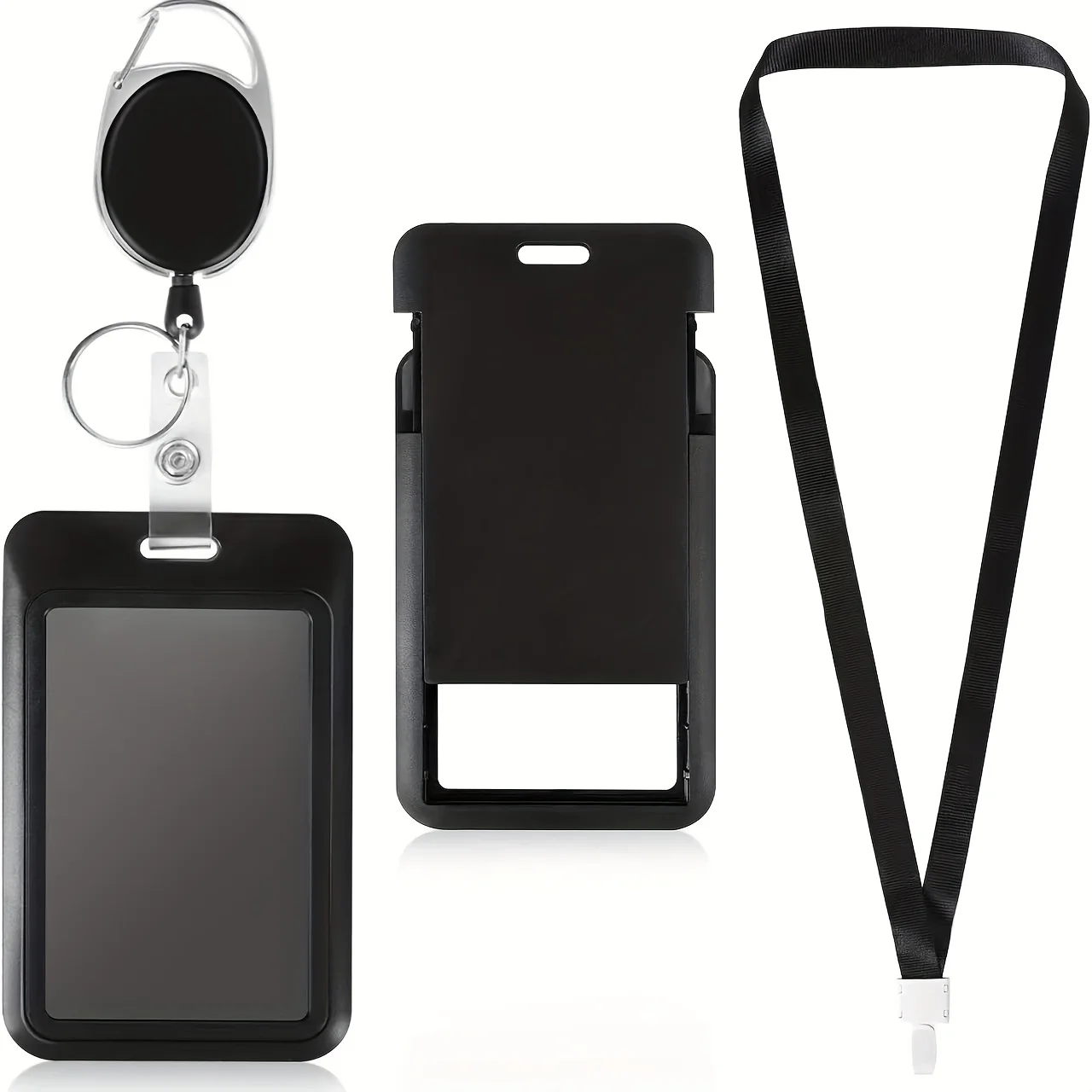 Slider Badge Clip - Hard Black Vertical Plastic Card Case Protective Cover with Retractable Badge Reel and Black Lanyard