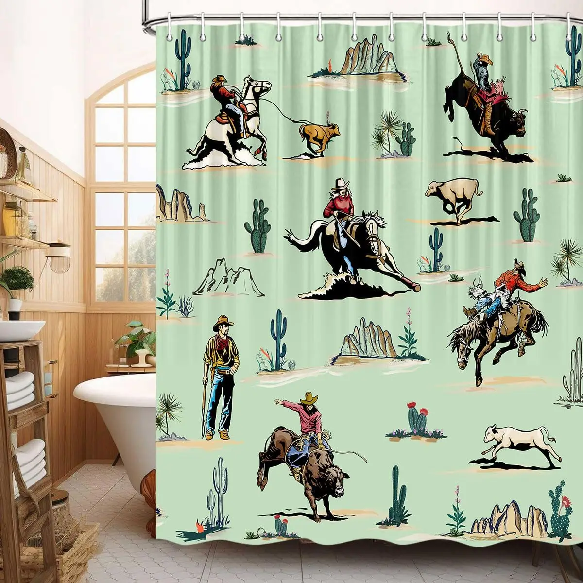 

Cowboy Rodeo Shower Curtain with Horses Bulls and Cactus Western Theme for Bathroom