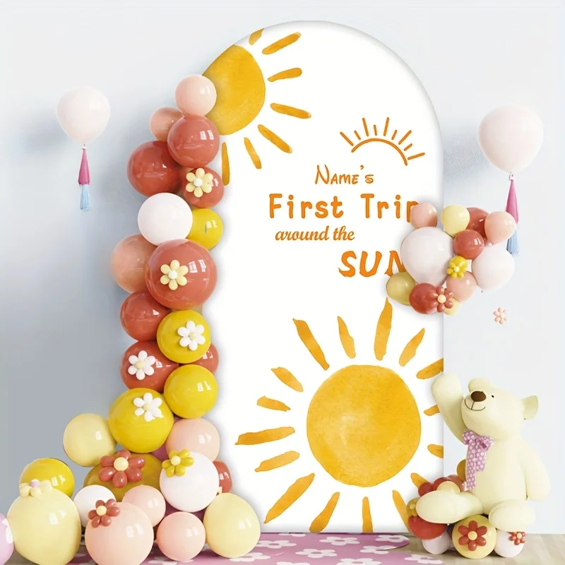 Mocsicka First Trip Around The Sun Baby Show Arch Cover Hintergrund, Aquarellfarben, gelbe Sonne, Boho-Hintergrund, Foto für Jungen-Geburtstagsparty