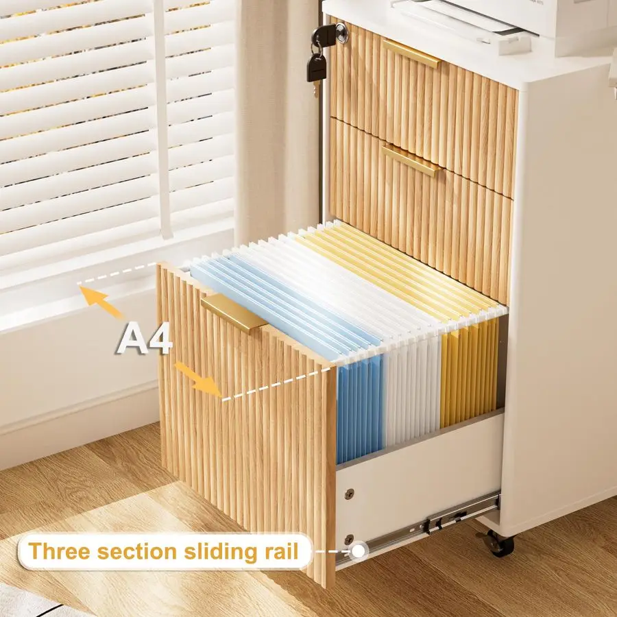 Drawer Mobile File Cabinet with Lock, Rolling File Cabinet, Under Desk Wooden Filing Cabinets for Home Office