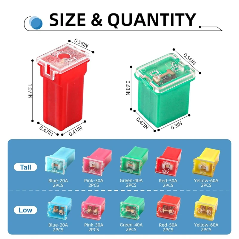 Kit surtido de fusibles para automóviles AAAN-20PCS, fusibles en forma de caja de perfil alto/estándar y bajo para camionetas, automóviles, vehículos recreativos y SUV