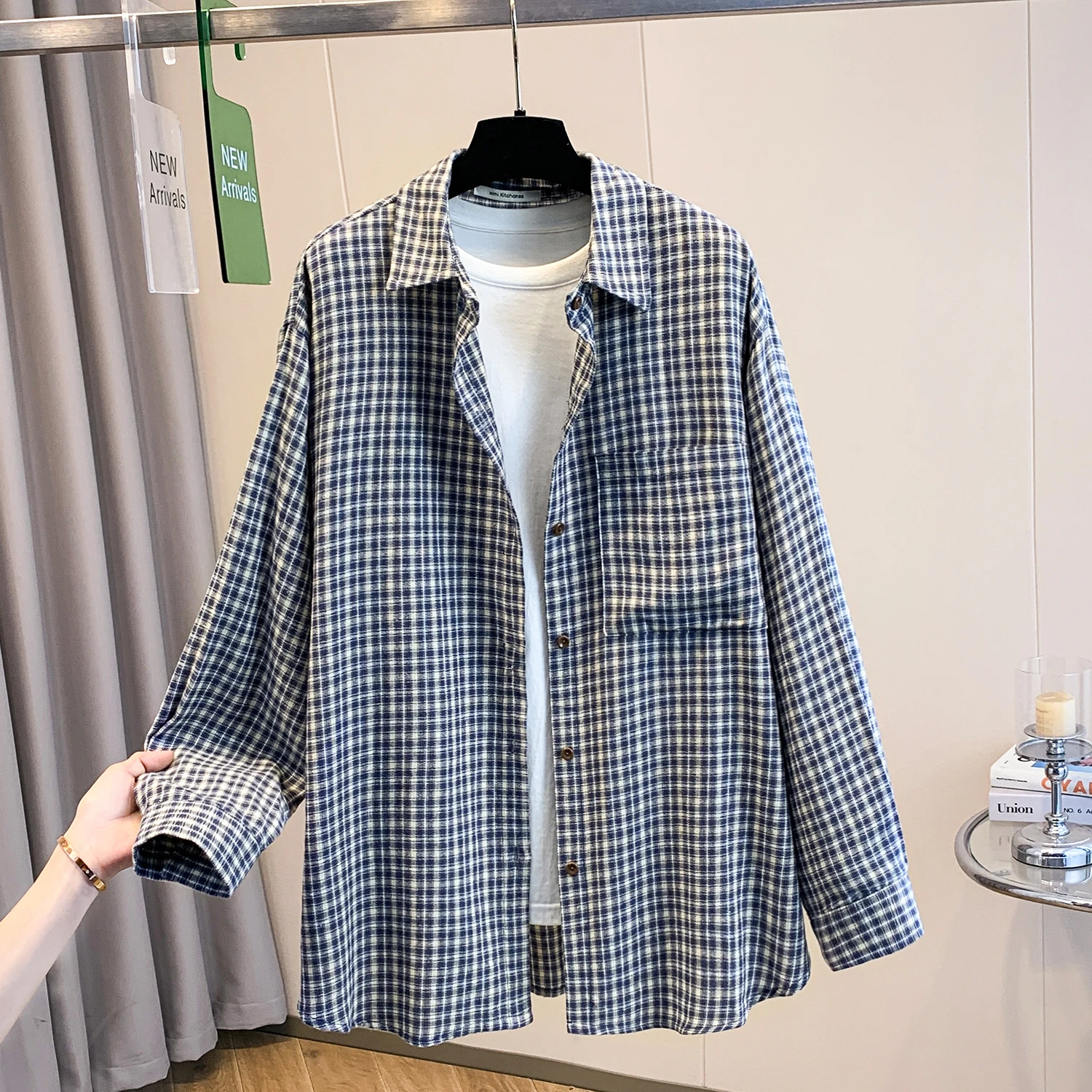 Cárdigan holgado a cuadros largo Sve para mujer irt Vintage azul Denim Floing versátil Casual Sle mezcla de poliéster y algodón