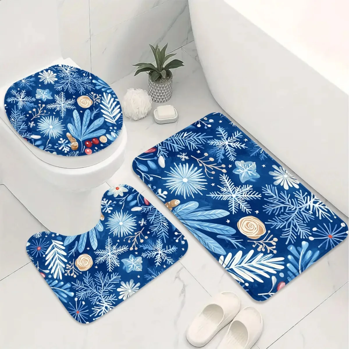 4pcs  Christmas Bathroom Set - Blue Floral Snowflake Shower Curtain with Non-Slip & Toilet Lid Cover, Durable Plastic Bath