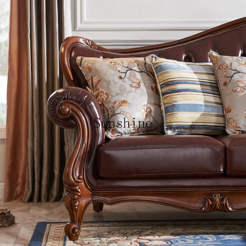 American leather corner sofa European solid wood simple chaise combination