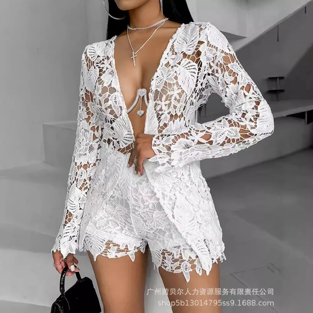 Women Sexy Short Sets Hollow Out Top Lace Spliced Full Sleeve Cardigan Solid Elegant Slim Fit Shirts High Street Summer 2024