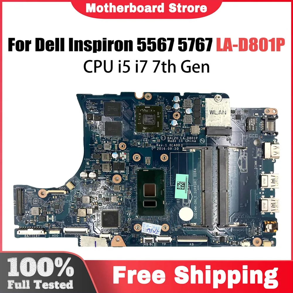 Laptop Motherboard For DELL Inspiron 15 5567 17 5767 CN-0KFWK9 0KFWK9 LA-D801P Notebook Mainboard With I5-7200U I7-7500U