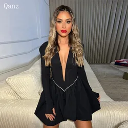 Qanz Sexy Short Prom Dresses Black Deep V Neck Long Sleeves Mini Birthday Dress For Women Cocktail Dresses Women Customized