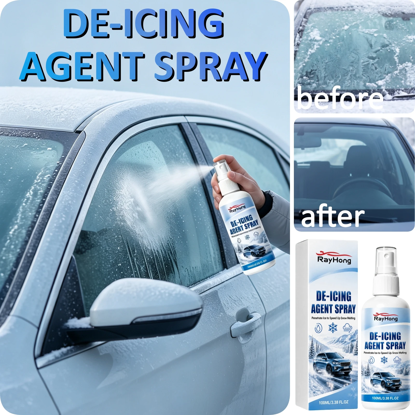 Winter De Icer Spray 100ml Quick Acting Winter Window Mirror Lock Auto Vehicle Removal Use Car Windshield Ice Snow Melter Agent