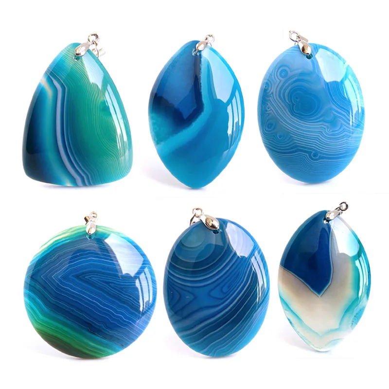 Smooth Blue Dragon Vein Agate Pendant Necklace Bracelet Geometric Craft Natural Stone Earrings Jewelry Making Accessories BP817