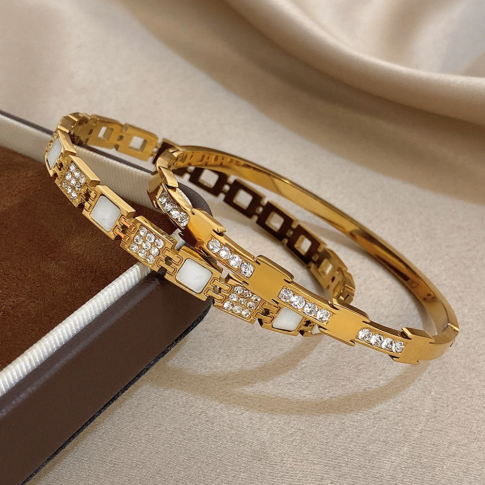 Freetry رائعة تألق أحجار الراين الفولاذ المقاوم للصدأ الكفة سوار للنساء أنيقة فاخرة الذهب اللون جولة واسعة الإسورة هدية #4