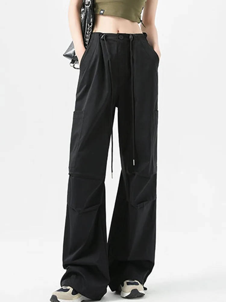 Korean Design Loose Thicken Cargo Pants Winter Warm High Waist Lace Up Straight Pantalones Women Casual Velvet Lined Calca New