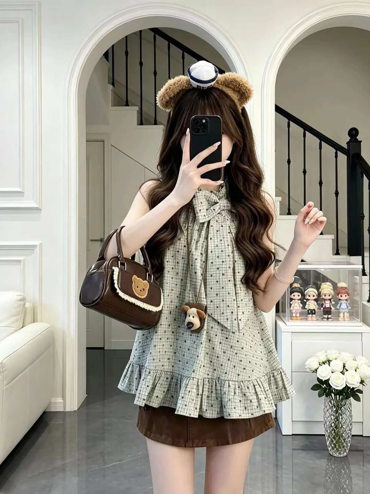 

New Pure Desire Sweet Style Knot Polka Dot Sleeveless Shirt And Bodycon Skirt Two Piece Set Women's Fashion