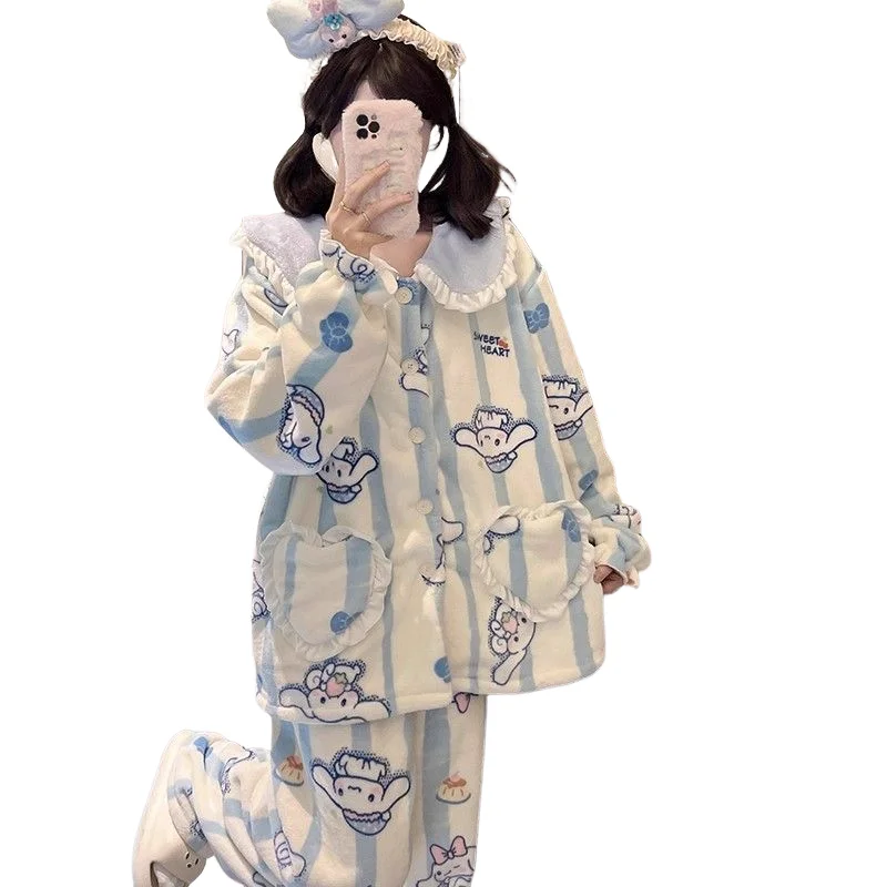 

Sanrio мультфильм Cinnamoroll пижамы 2026, новый стиль, зимний комплект одежды для отдыха для милых девочек, свободный, сохраняющий тепло, креативные праздничные подарки