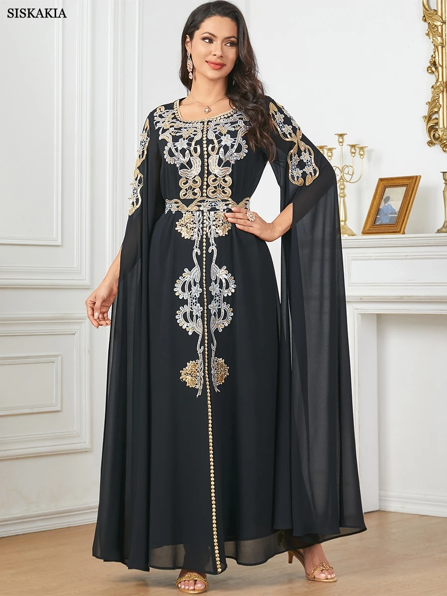 Siskakia haft z koralikami luksusowa damska suknia wieczorowa z paskiem długie rękawy Kaftan Abaya dubaj elegancki Casual dla kobiet