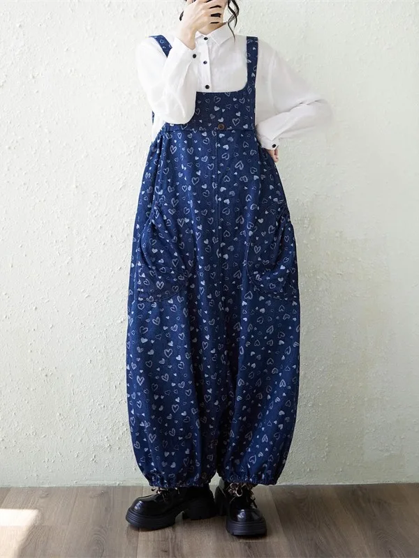 Fashionable Retro Denim Print Overalls plus Size Women's Casual Cotton Trousers Autumn Winter New Arrival Two-Way Wearing Wid...