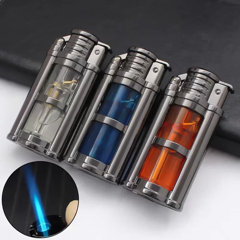 2023 New Transparent Visible Fuel Bin Torch Windproof Butane Lighter Men\'s Gift Cigarette Accessories Cigar Igniter