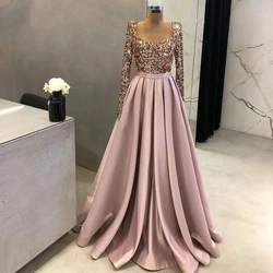 Elegant Muslim Sequin Evening Night Dresses for Women 2024 Long Sleeves Sweetheart Aline Satin Wedding Prom Formal Party Gowns