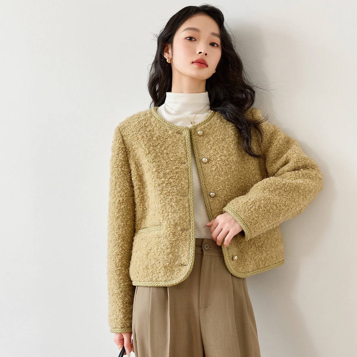 VIMLY Wool Blend Coat Women Elegant Winter 2025 Long Sleeve Tweed Ladies Jackets Office Wear Round Neck Female Short Coats M9583