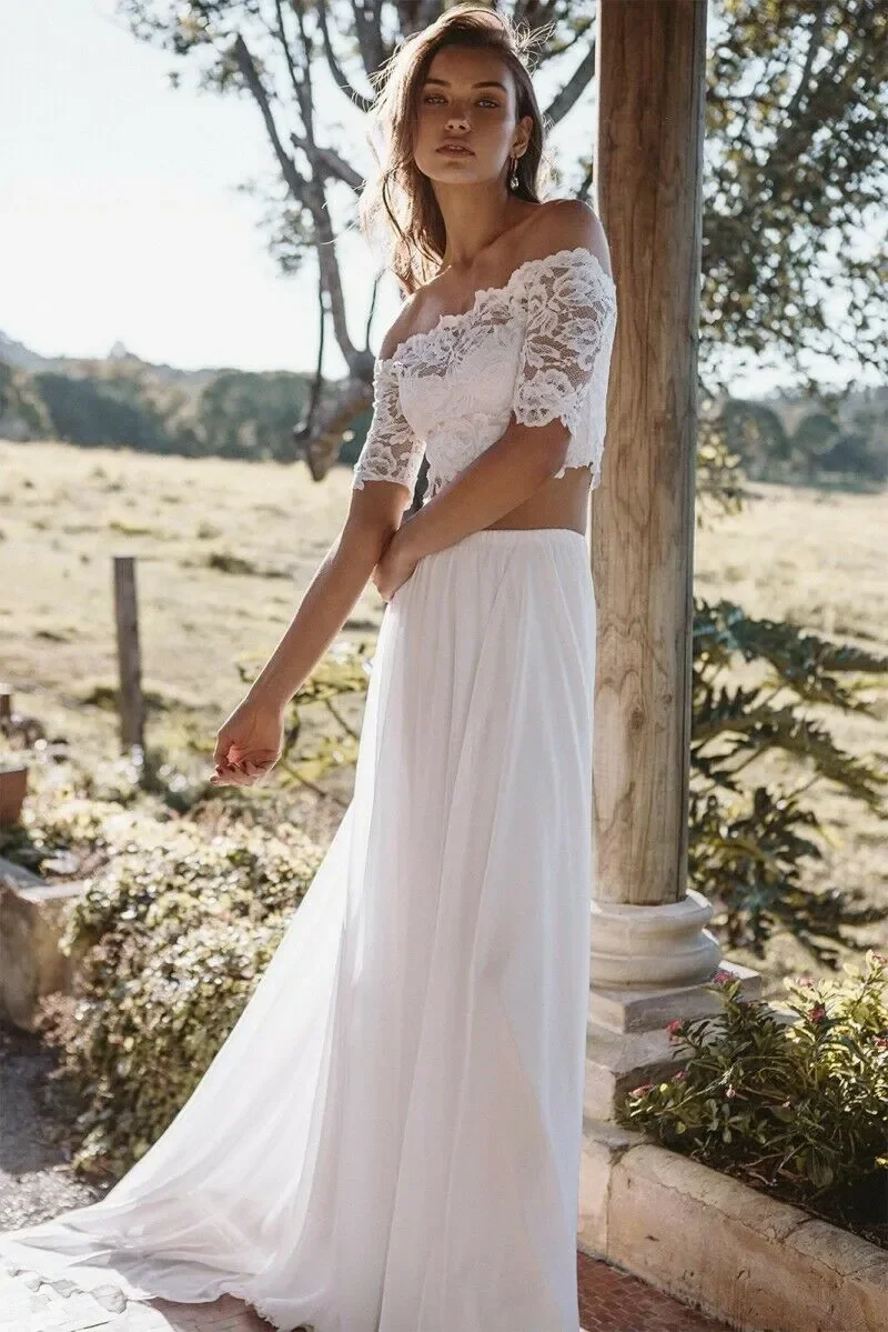 ชุดแต่งงานโบฮีเมียนทันสมัย ผ้าลูกไม้ แขนสั้น ชุดแต่งงานสองชิ้น เสื้อครอปท็อป ผ้าชีฟอง ชุดแต่งงานชายหาดฤดูร้อน