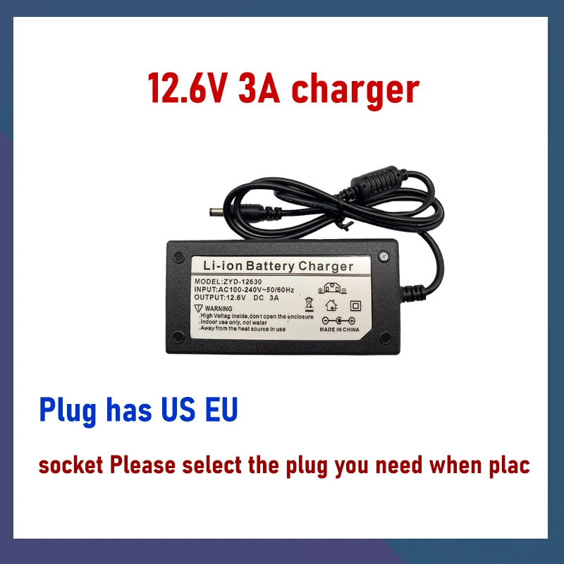 12.6V 3A 18650 Lithium Battery Charger for 3 Series Lithium Battery C Battery 12V Battery Smart Charger + US EU AC Power Cord