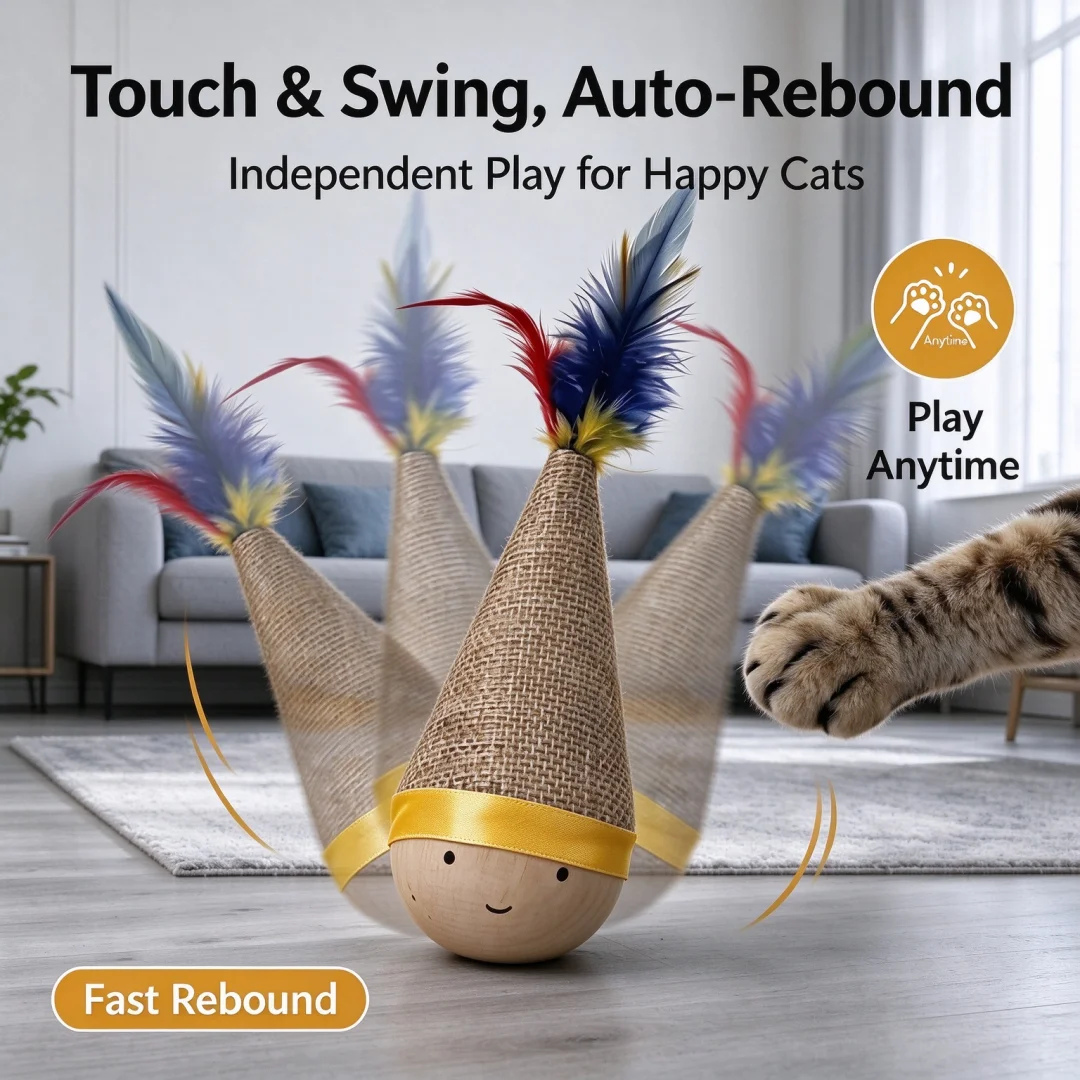 Solid wood swing cat toy，360 ° irregular movement，noise free physical drive，hardwood structure，circular finish，interactive toy