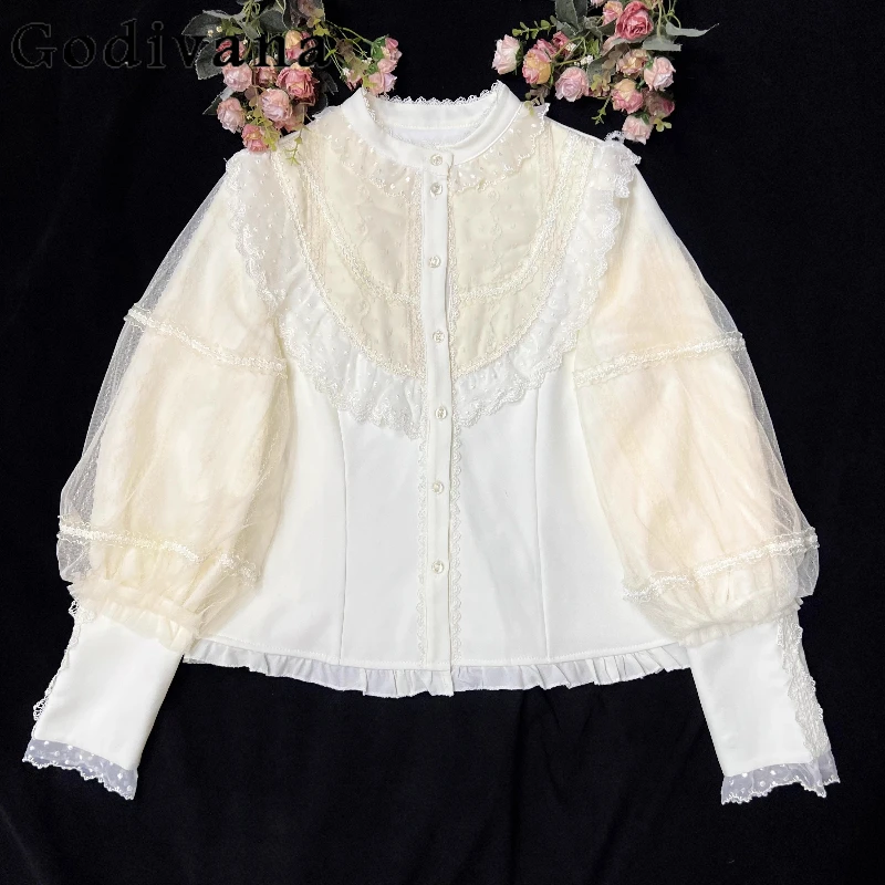 

Winter New Lolita Stand-up Collar Thickened White Long-sleeved Blouse Shirt Sweet Girl Retro Ruffles Slim Lace Bottoming Shirts