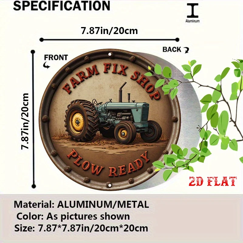 2D Flat 1pc Tractor 7.87X7.87 Round Aluminum Sign, Farm Fix Round Aluminum Sign, Cozy Cottage Metal Tin Sign - Vintage Style