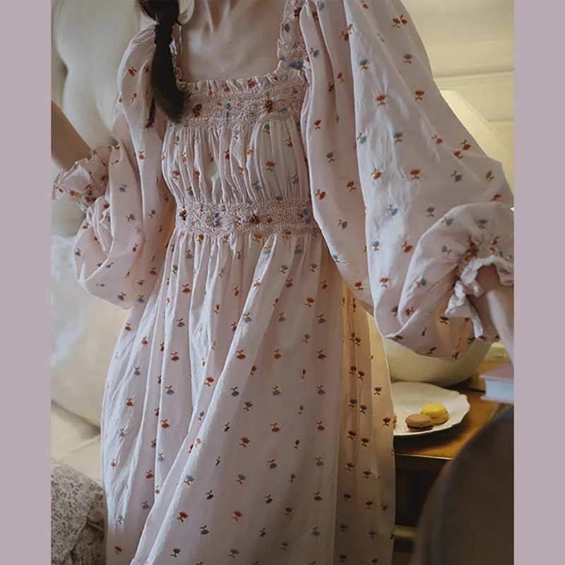 

100% Cotton Doen Fairy Embroidered Dress Retro Sweet Cotton Princess Style Floral Sleep Skirt Outside Spring Autumn Sleepwear