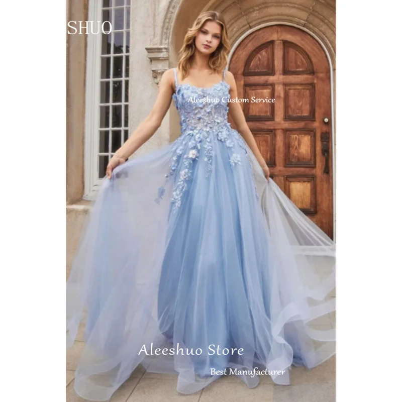 Aleeshuo Elegant Lady Organza a-line Prom Dress abito da sera senza maniche Applique Spaghetti Strap Party Dress muslimex squars