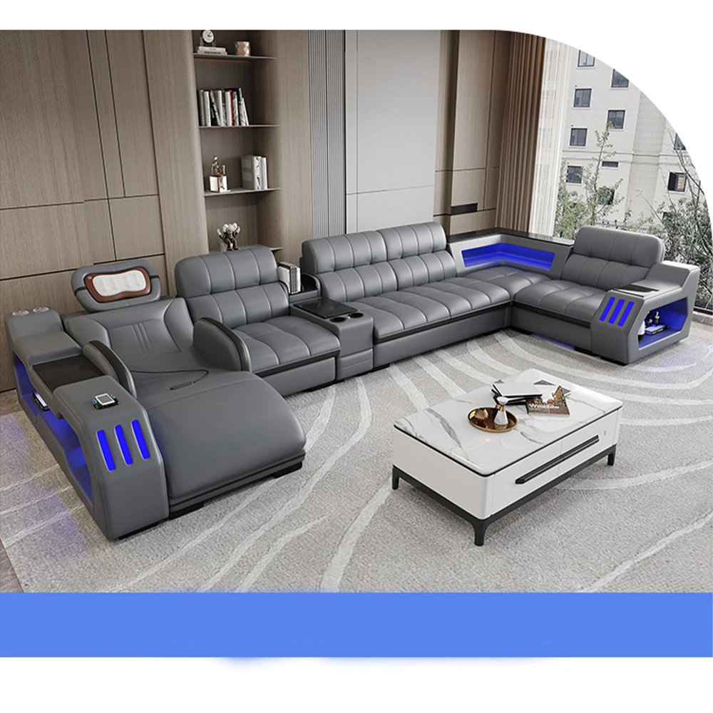 Modern Sectional Sofa Bed with LED Light, Electric Recliner and Massage | Living Room Genuine Leather Couch with Cup Holder, USB