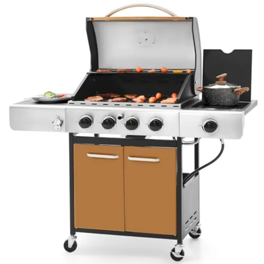 

4-Burner Gas BBQ Grill with Side Burner and Porcelain-Enameled Cast Iron Grates for Outdoor Cooking 42 000BTU Propane Grill in