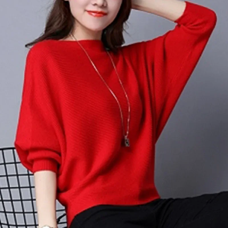 Autumn Winter Casual Fashion Patchwork Loose Sweaters Women Batwing Sleeve All-match Knitting Pullover Ladies Bottoming Jumper