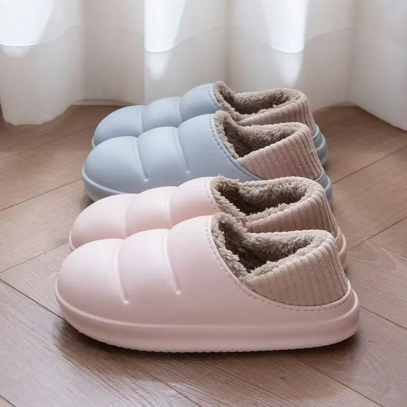

2025 зимние мужские и женские теплые тапочки из ЭВА, короткие плюшевые меховые домашние шлепанцы, нескользящие водонепроницаемые повседневные уличные тапочки для пары