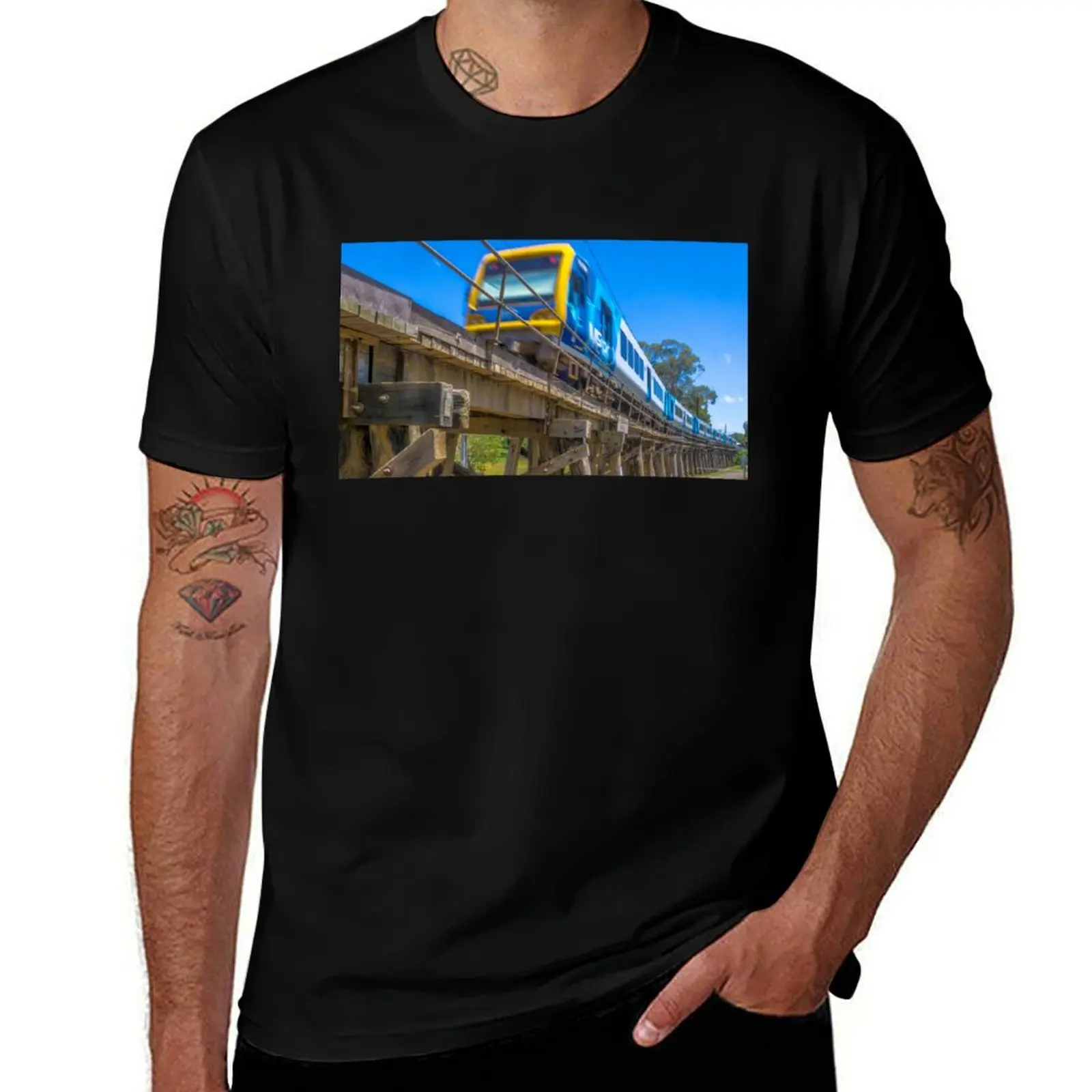 Melbourne Metro Train on Trestle Bridge - Eltham, Victoria T-Shirt Anti-Wrinkle Short Sleeve T-Shirt