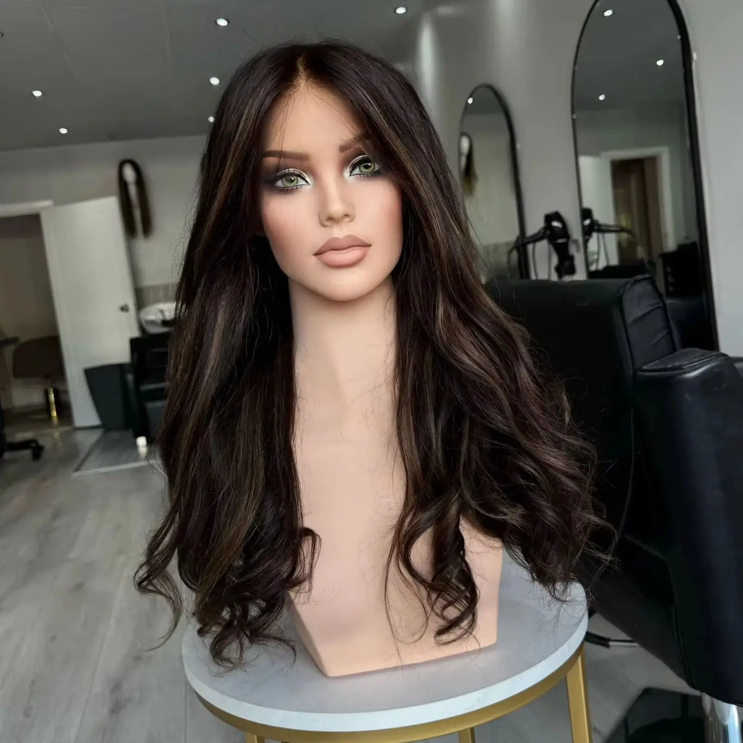 24 Inches Dark Brown Body Wave Highlights Synthetic Lace Top Wigs New Style Realistic Look Natural Straight Brunette Fibre Daily