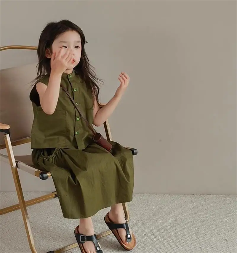 Humor Bear Girls Summer Clothing Stand-up Collar Single-breasted Preppy Top And Skirt Children's Clothing Two-piece Set image 3