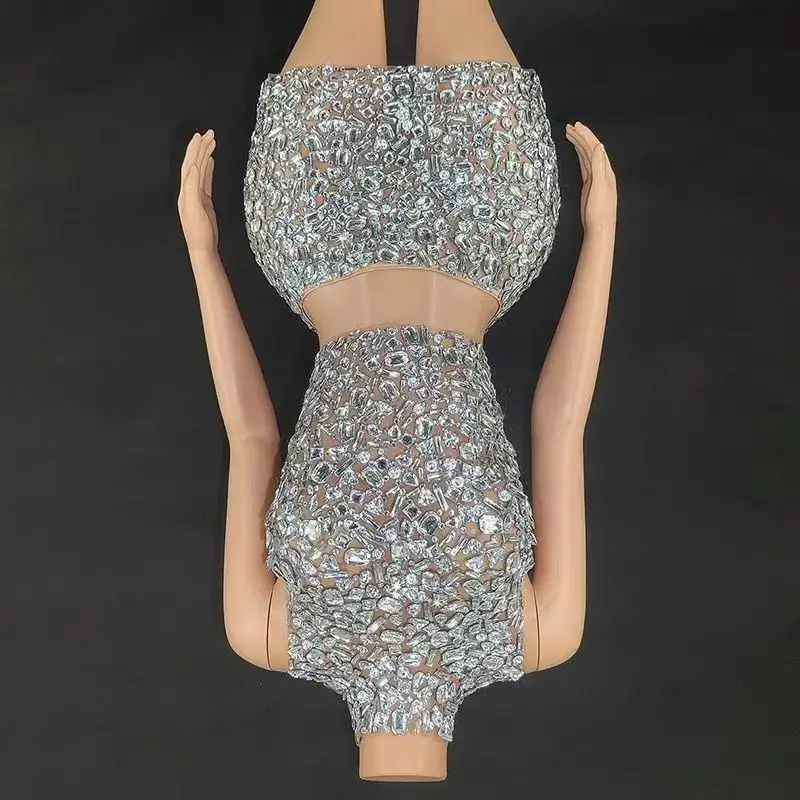 

Sparkly Crystals Top Short Skirt Two Pieces Set Women Sexy Transparent Celebrate Evening Prom Birthday Dress Photo Shoot Wear