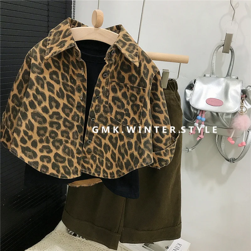 

Girls Leopard Print Vintage Shirt-style Jacket Autumn American-style Children's Loose Cardigan Shirt Baby Casual Pants