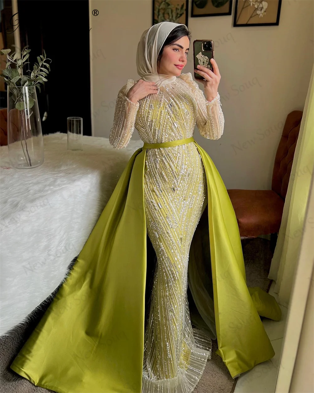 Muslim Green Sequins Celebrity Dresses Haute Coutures Mermaid Beading Evening Party Dress Luxury Cermony Gowns Vestidos De Gala