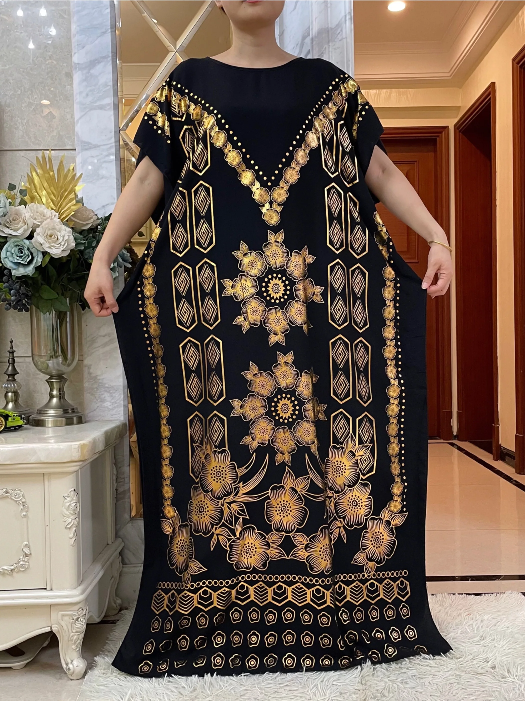 2024 New Summer Loose Short Sleeve Cotton Robe Gold Stamping  Boubou Maxi Islam Femme Dress With Big Scarf African Abaya Clothes