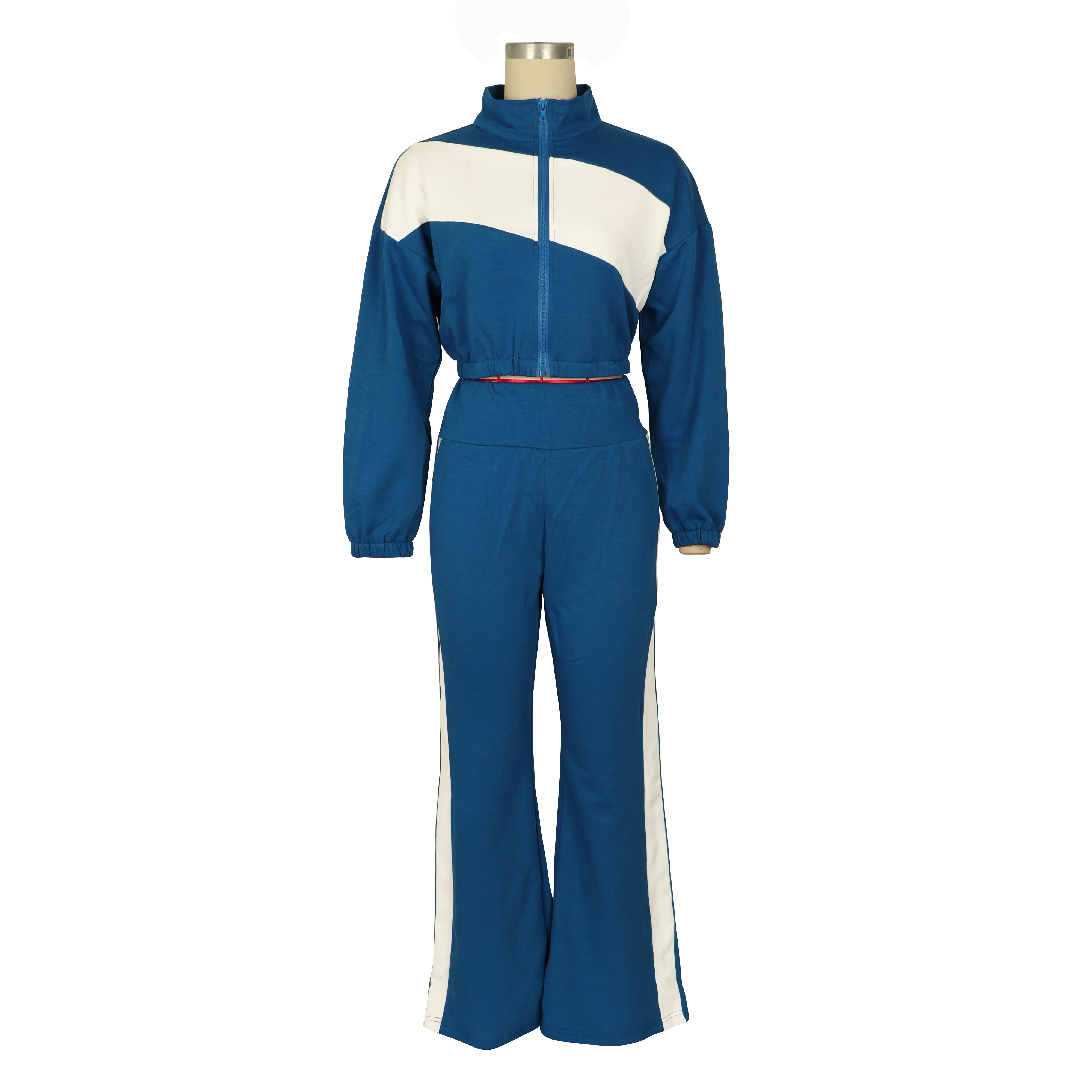 Hlj moda esportes 2 peças conjunto para mulher bloco de cor zíper mangas compridas colheita jaqueta e calças combinando feminino streetwear novo