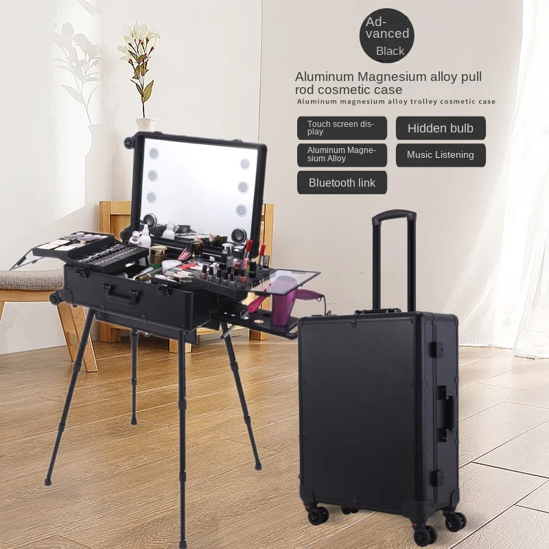 Makeup Case Professional Cosmetic Case Aluminium Alloy Luggage Bluetooth Toolbox Detachable Beauty Box Trolley Suitcase Bag 24''