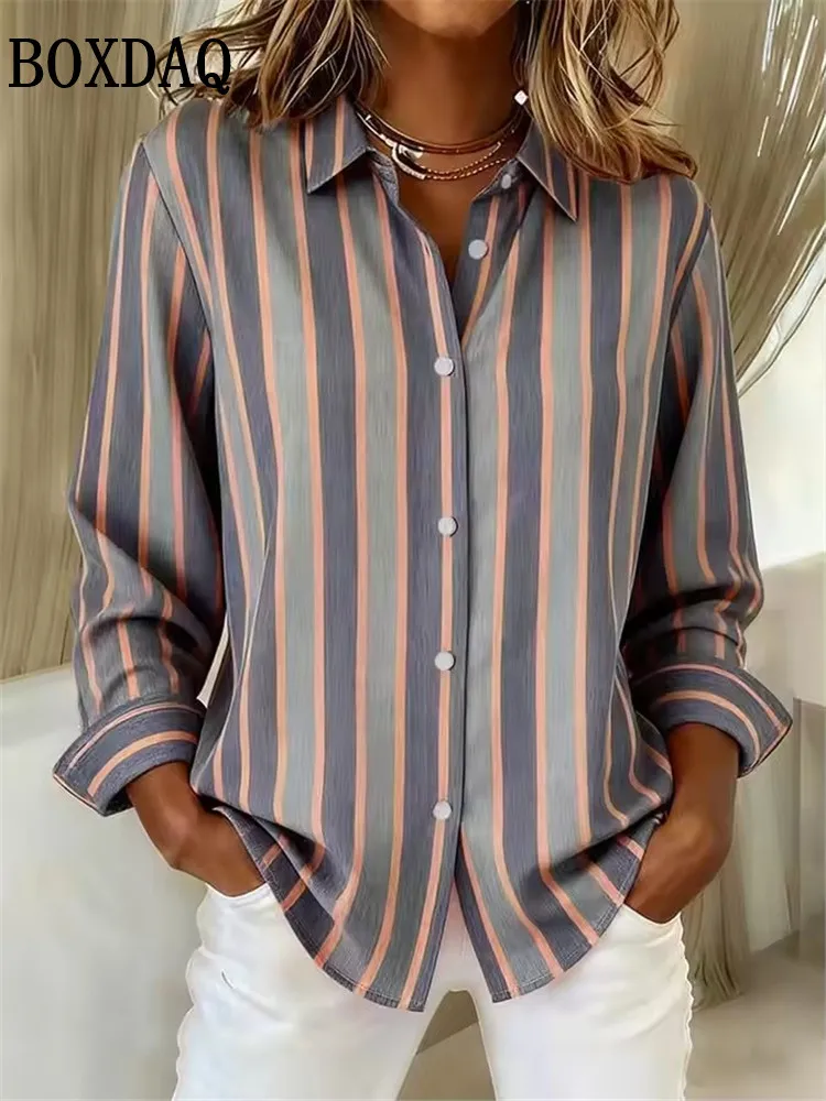 2026 New Spring Blouse Women's Fashion Rainbow Striped Long-Sleeved Shirts Summer Casual Everyday Wear Lapel Button Ladies Tops