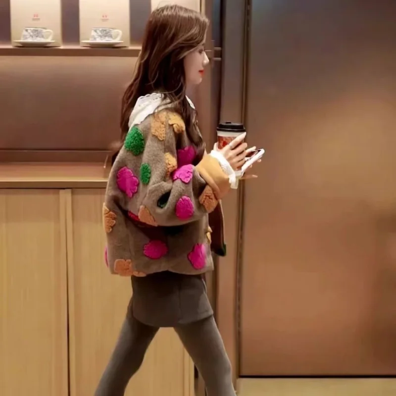 

Корейская модная куртка ягненка, женская осенне-зимняя однобортная женская верхняя одежда с 3D цветами, повседневное мягкое теплое хлопковое пальто