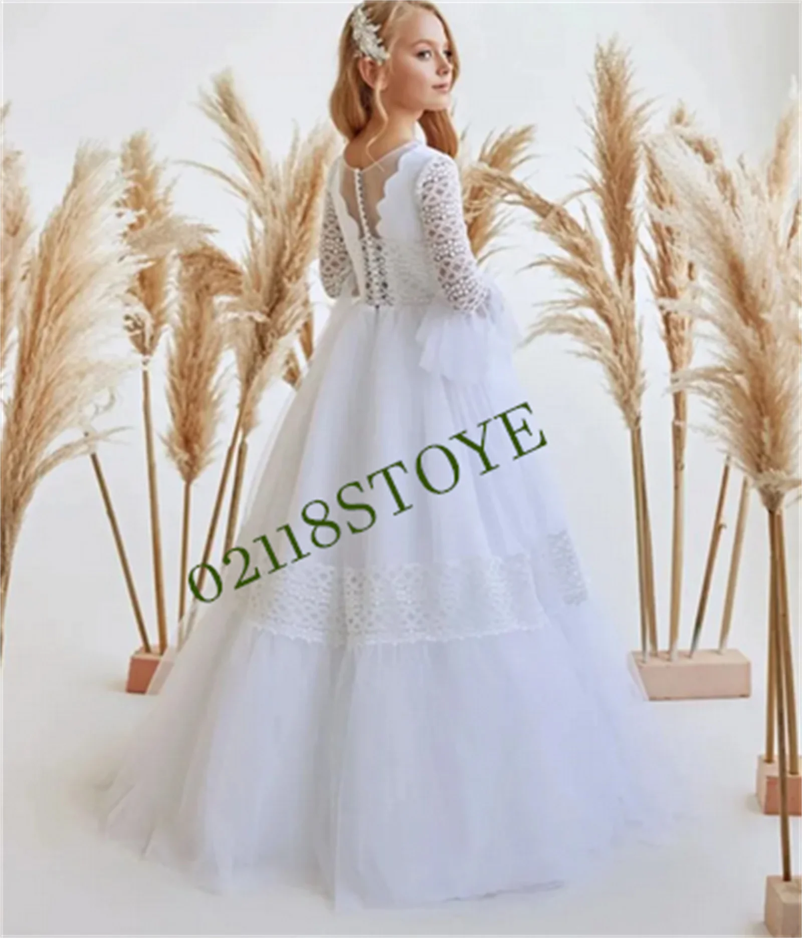 

New Pure White Flower Girl Dress for Wedding with Long Sleeve O Neck Princess A-Line First Communion Gown