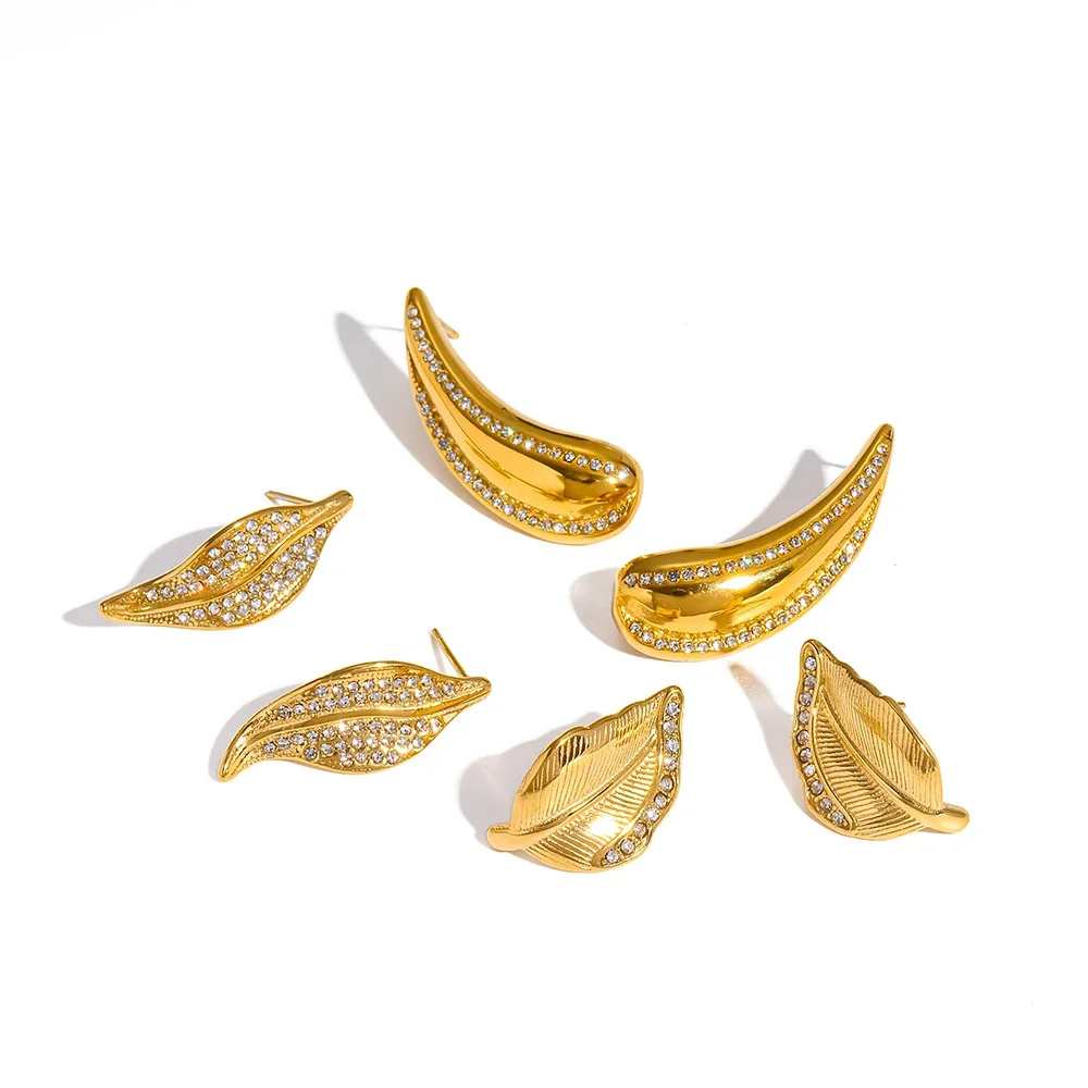 Fashion Gold Color Luxury Stainless Steel Micro Inlaid Crystal Feather Stud Earrings for Women Waterproof Jewelry