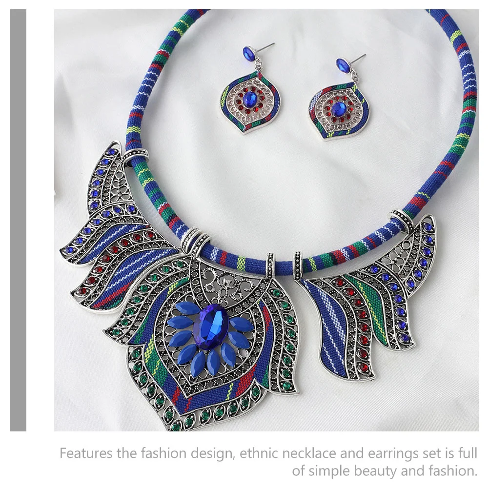 Kalung Boho etnik dan Set Anting Perhiasan kostum untuk wanita Chunky pernyataan kalung Bohemian