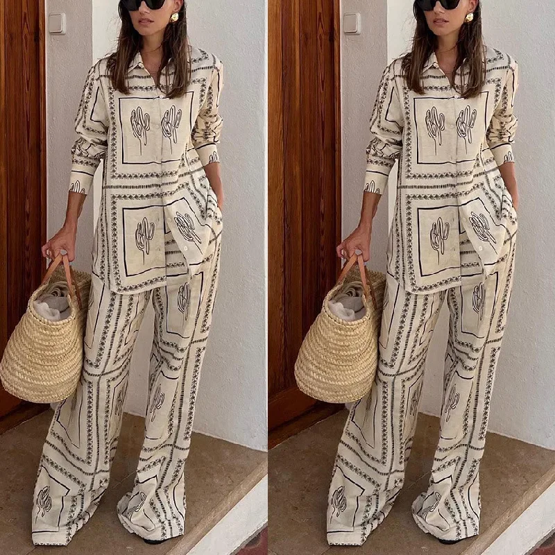 Printed Shirts Two Piece Set Women Long Sleeve Lapel Shirts High Waist Wide Leg Pants Suit For Women Home Wear Outfits Clothing