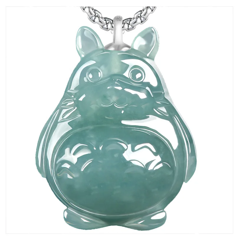 Blue Myanmar Jadeite Totoro Pendant Necklace Gifts for Women 925 Silver Carved Amulet Real Jewelry Burmese Jade