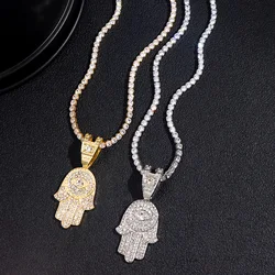 Bling Crystal Hamsa Hand Evil Eye Pendant Zircon Necklace For Women Iced Out Cuban Link Chain Necklace Men Punk Hip Hop Jewelry